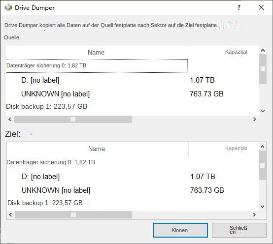 Wählen Sie die Originalfestplatte und das Ziel für die Datensicherung aus