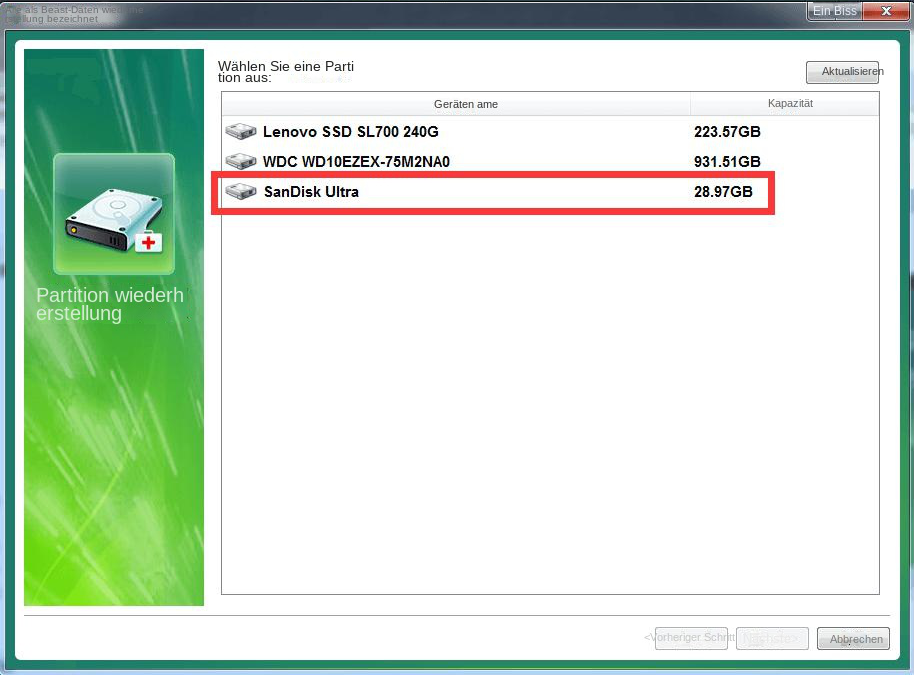Wählen Sie das Zielgerät für die Partitionswiederherstellung aus