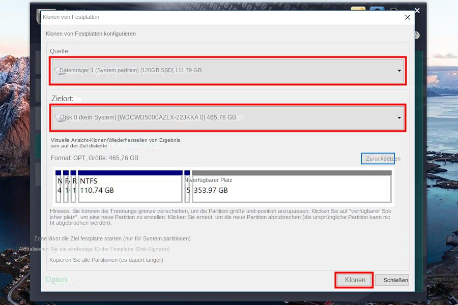 Führen Sie den Befehl aus, um die Festplatte zu klonen