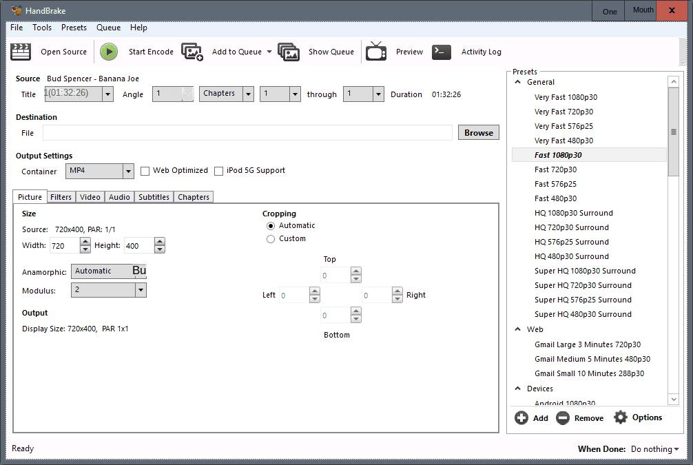 Benutzeroberfläche der HandBrake-Software