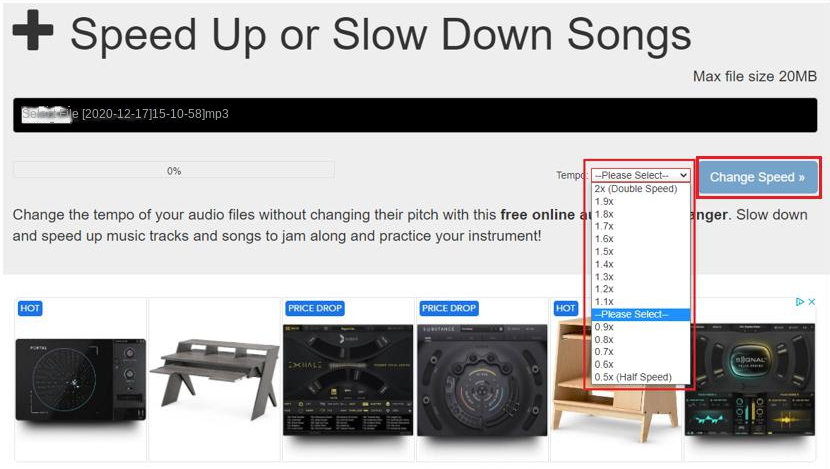 Wählen Sie die Audiogeschwindigkeit im AudioTrimmer Online-Audiobearbeitungsprogramm