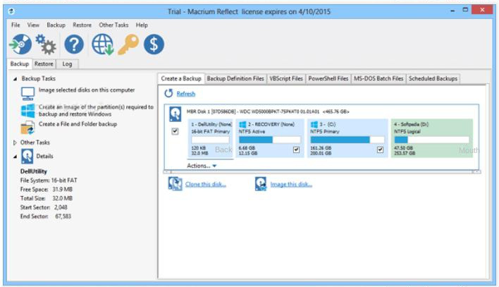 Macrium Reflect Software-Benutzeroberfläche