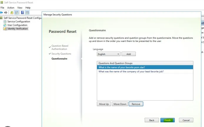 Verwalten von Sicherheitsfragen für Self Service Password Reset