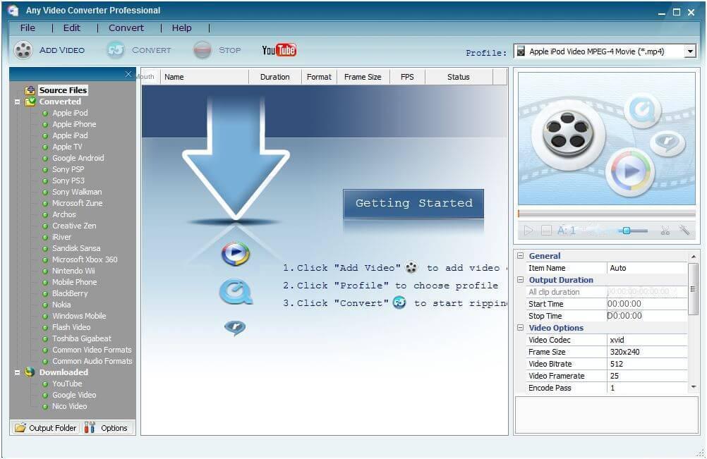 Benutzeroberfläche der Software Any Video Converter Professional