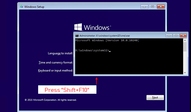 Drücken Sie die Tastenkombination Umschalt + F10, um das Fenster der Eingabeaufforderung auf der Windows-Installationsplatte zu öffnen.