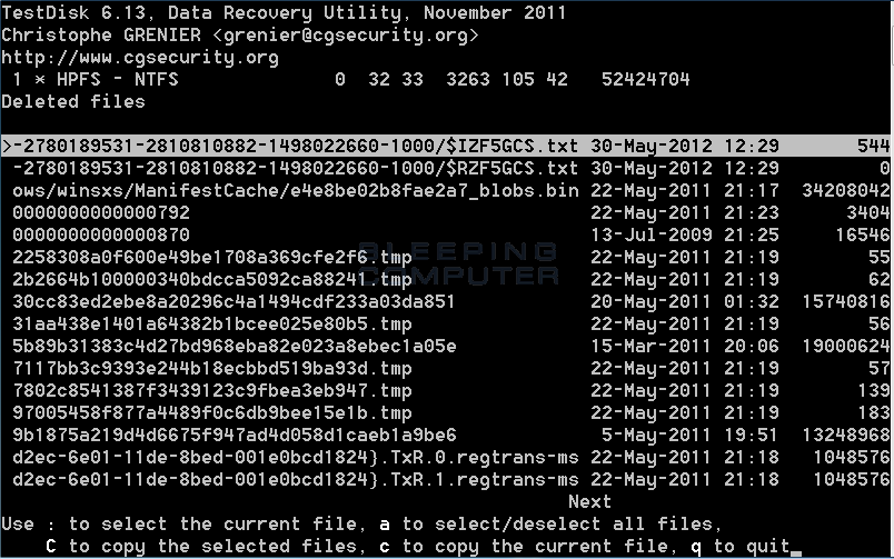 Wiederherzustellende Dateien für Testdiskette auswählen