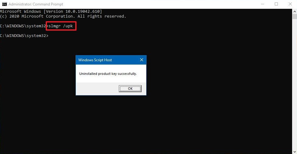 Befehl zur Deinstallation des Windows-Produktschlüssels