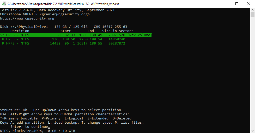 Ergebnis der Wiederherstellung der TestDisk-Partition