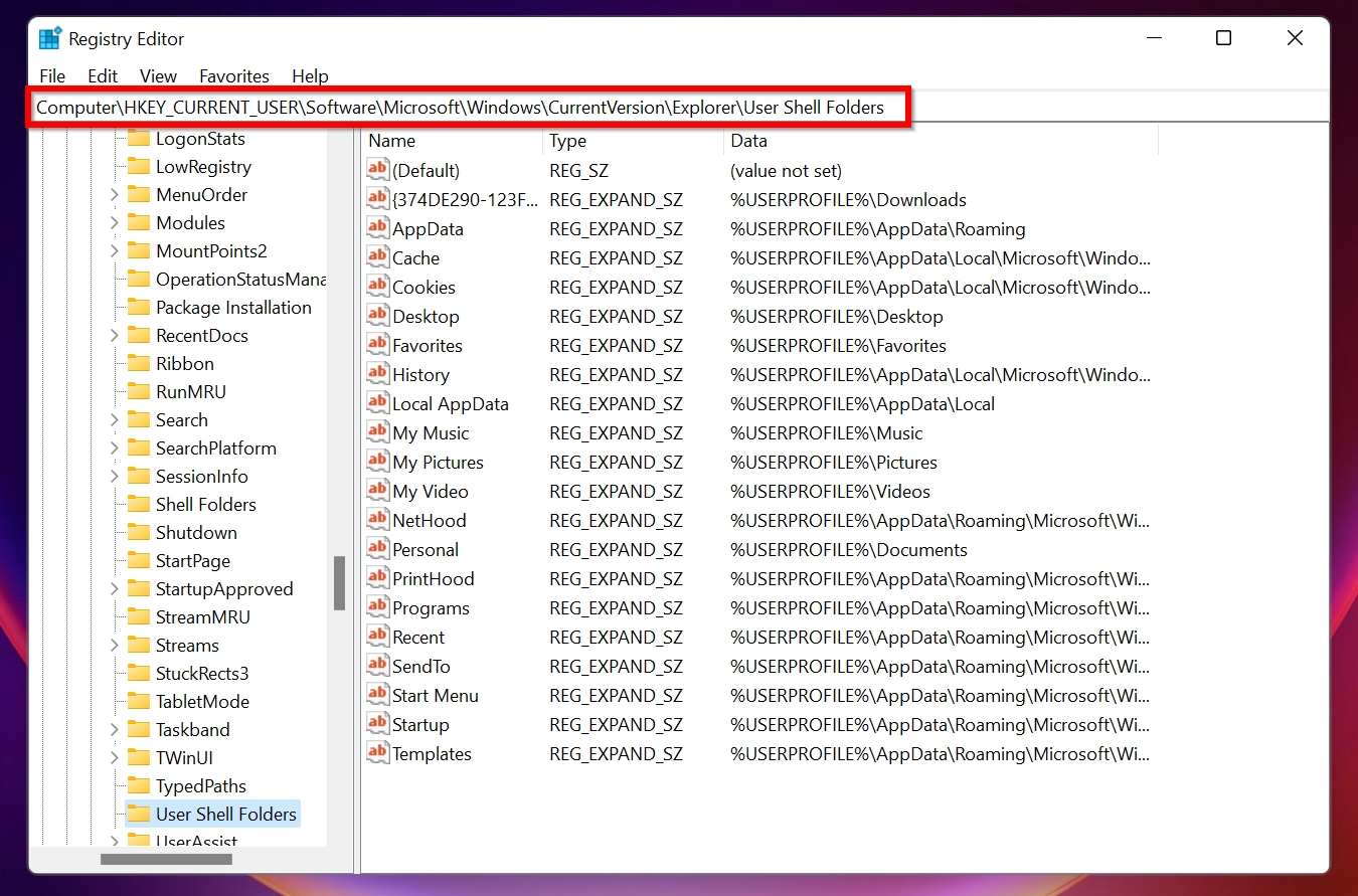 Bildschirm Benutzer-Shell-Ordner im Windows-Registrierungseditor.