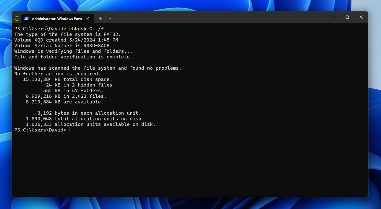 Windows-Terminal chkdsk xqd