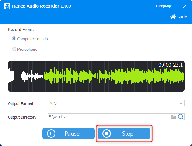 Musikaufnahme in renee audio tools stoppen