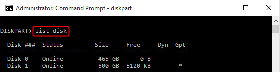 Geben Sie list disk in diskpart ein, um die Festplatte zu initialisieren