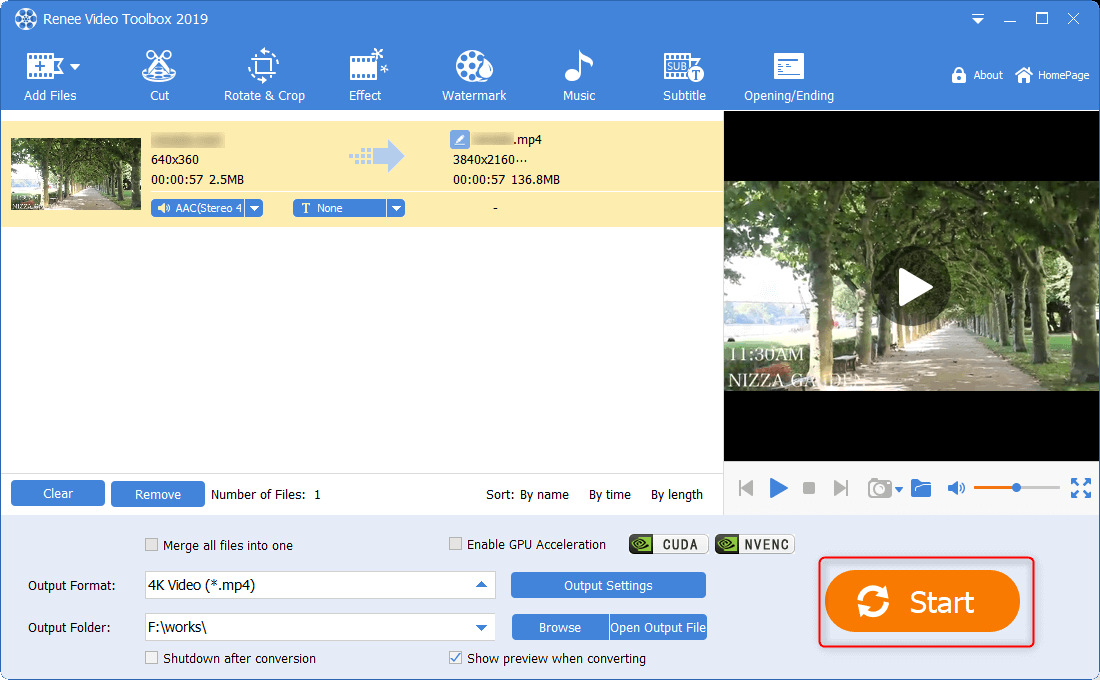 Klicken Sie auf Start, um das Video in renee video editor pro zu speichern