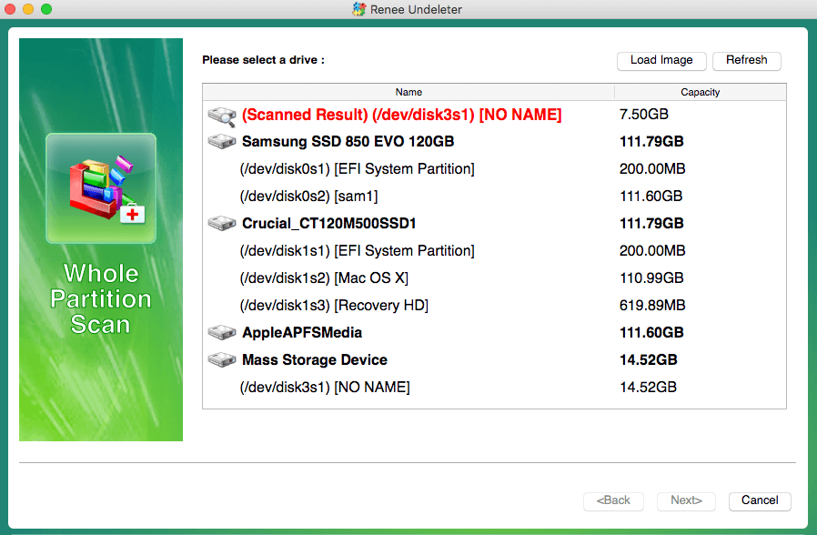 anklicken, um ein Ziellaufwerk beim Scannen der gesamten Partition in renee undeleter auf dem Mac auszuwählen