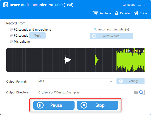 Klicken Sie auf , um die Aufnahme von Audios in renee audio recorder zu stoppen