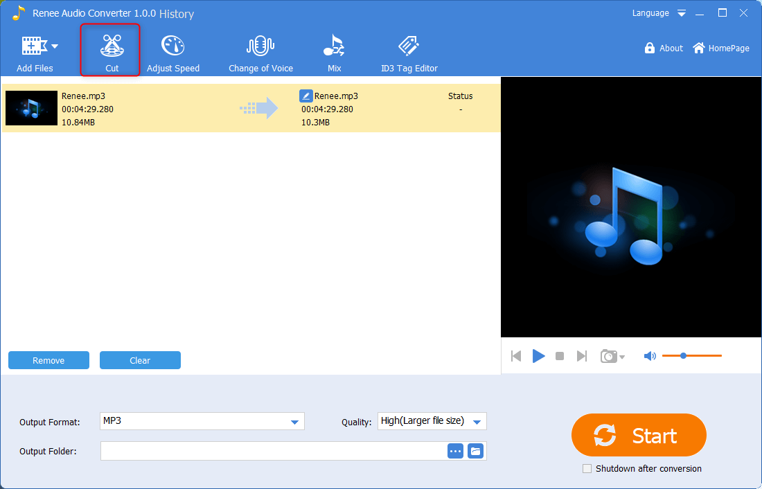 klicken Sie auf die Schneidefunktion in renee audio converter