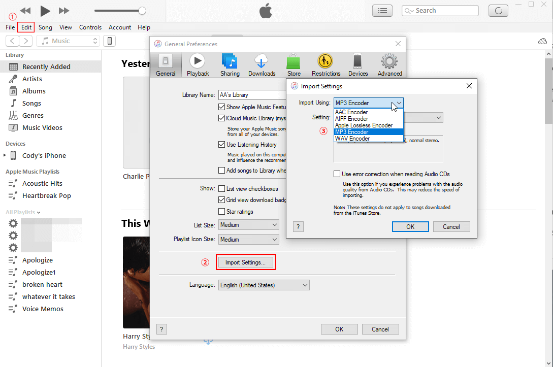 Gehen Sie zu den iTunes-Import-Einstellungen und wählen Sie den mp3-Encoder aus.