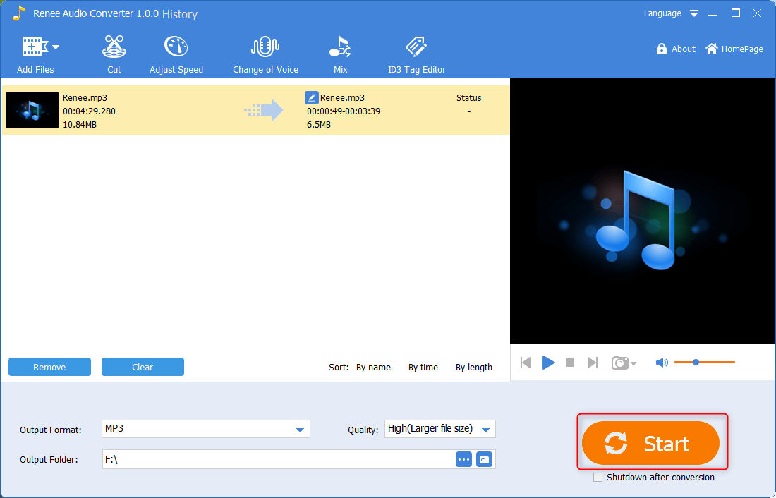 Klicken Sie auf "Start", um die mp3-Datei im renee audio converter zu speichern und auszugeben