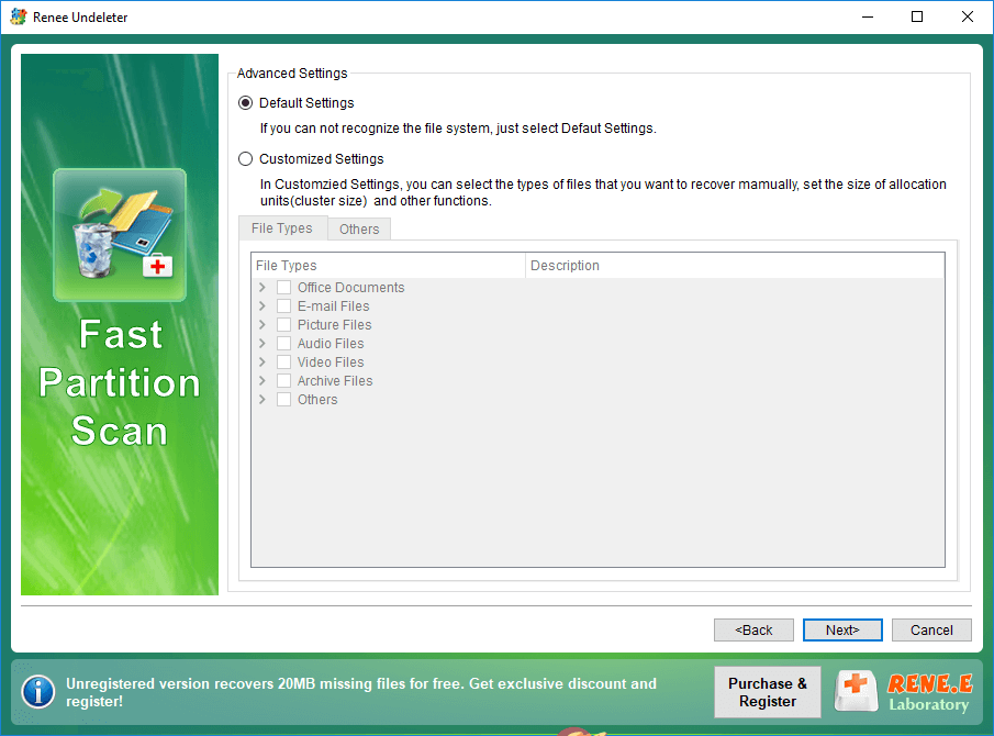 Auswahl der Dateitypen bei der schnellen Partitionssuche