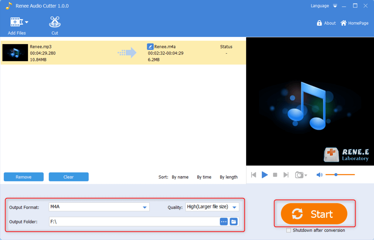 Starten Sie die Ausgabe und speichern Sie die m4a-Datei in renee audio tools