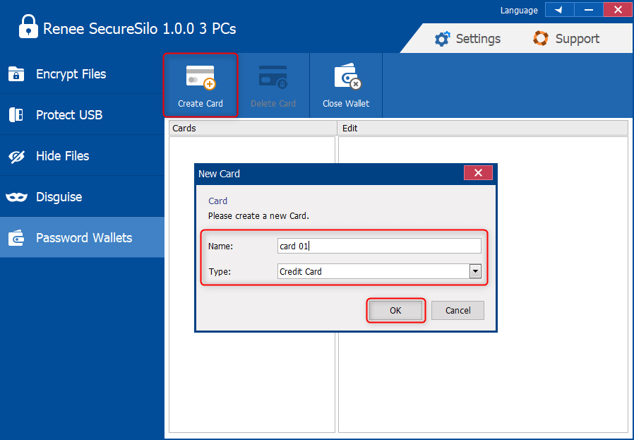 Wählen Sie den <strong>Kartentyp</strong> und den <strong>Namen der Karte</strong> in <strong>Renee SecureSilo</strong> aus.