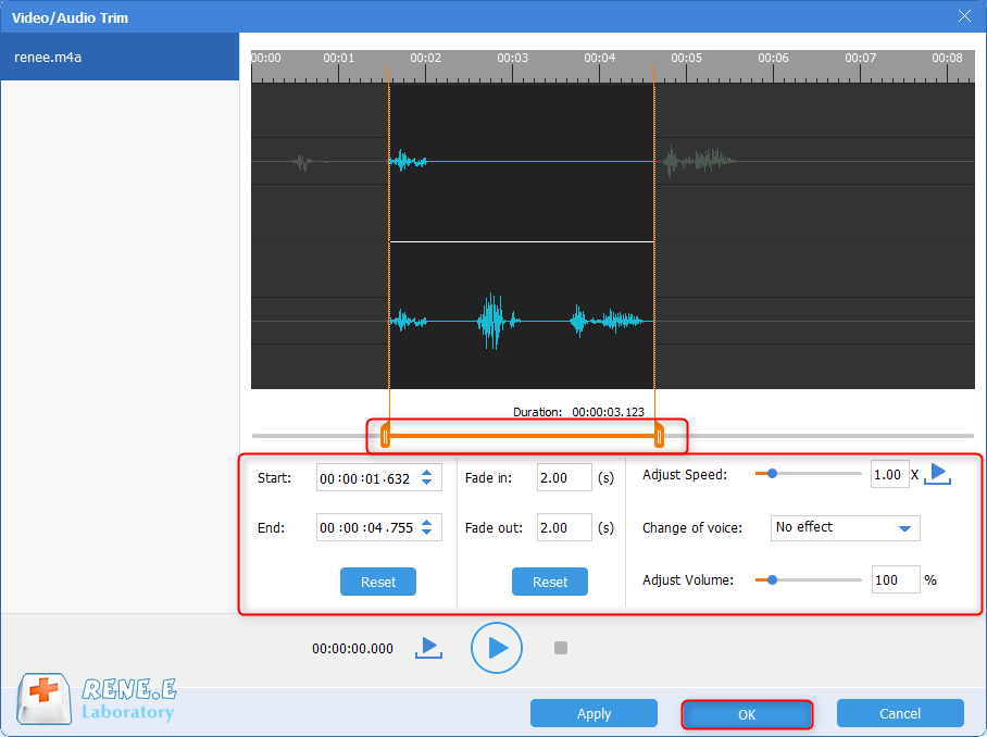 m4a-Datei mit renee audio tools schneiden