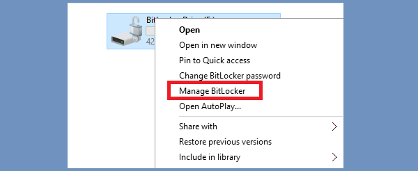 klicken Sie mit der rechten Maustaste auf das Laufwerk und wählen Sie Bitlocker verwalten