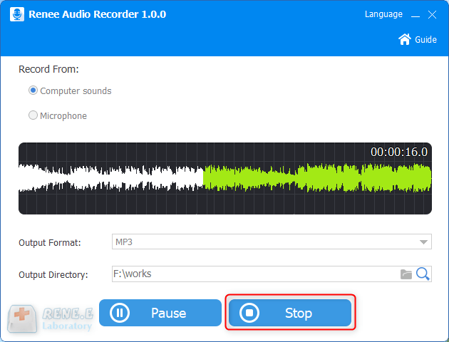 Aufnahme von Geräuschen in Renee Audio Tools beenden