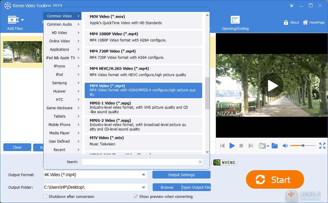 mp4 als Ausgabeformat wählen und in renee video editor pro speichern