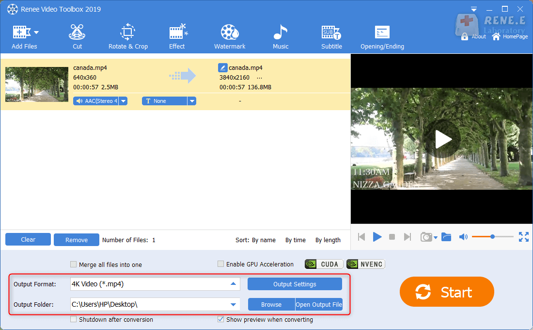 Ausgabeformat und Ordner in renee video editor pro auswählen