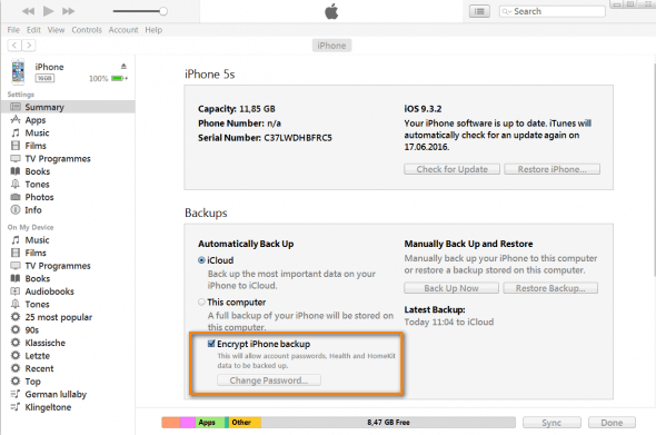 wie verschlüsselt man iphone back up in itunes