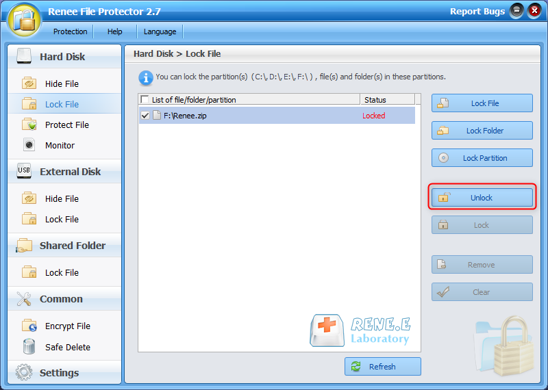 Entsperren der Zip-Datei in Renee File Protector