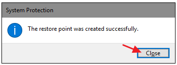 Schließen Sie den Wiederherstellungspunkt erstellen