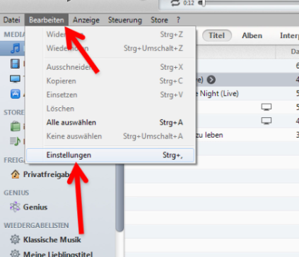 Klicken Sie auf die Datei und wählen Sie die Einstellungen in iTunes