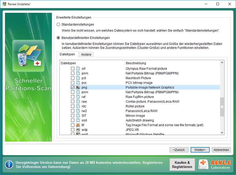 Dateitypen zur Wiederherstellung auswählen