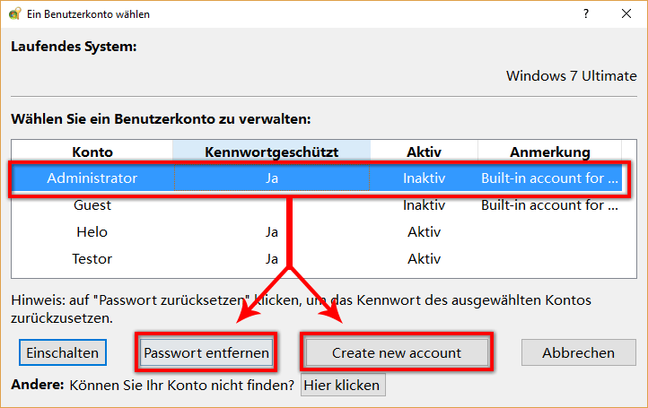 Zielbenutzerkonto in der Liste auswählen