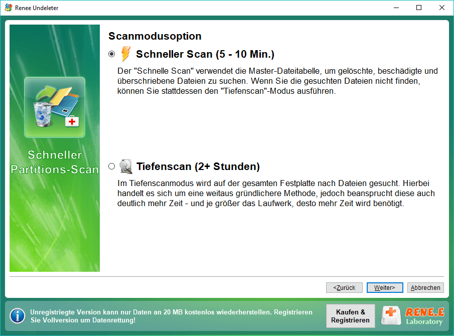 schnelles Scannen in renee undeleter auswählen