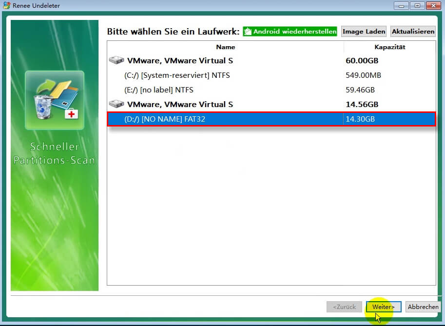 Wählen Sie das Ziellaufwerk für einen schnellen Partitionsscan in renee undeleter aus, um die Wiederherstellung von SD-Karten für Android zu versuchen