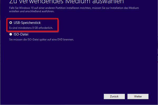 Win 10 Installationsmedien in USB Stick erstellen