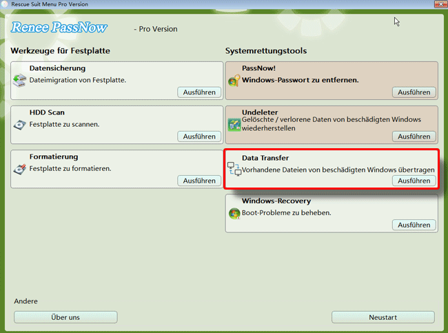 Renee PassNow Tool Data Transfer ausführen