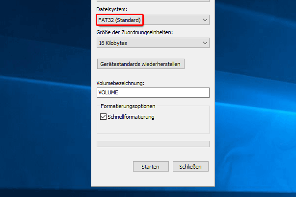 Speichermedium Formatieren starten