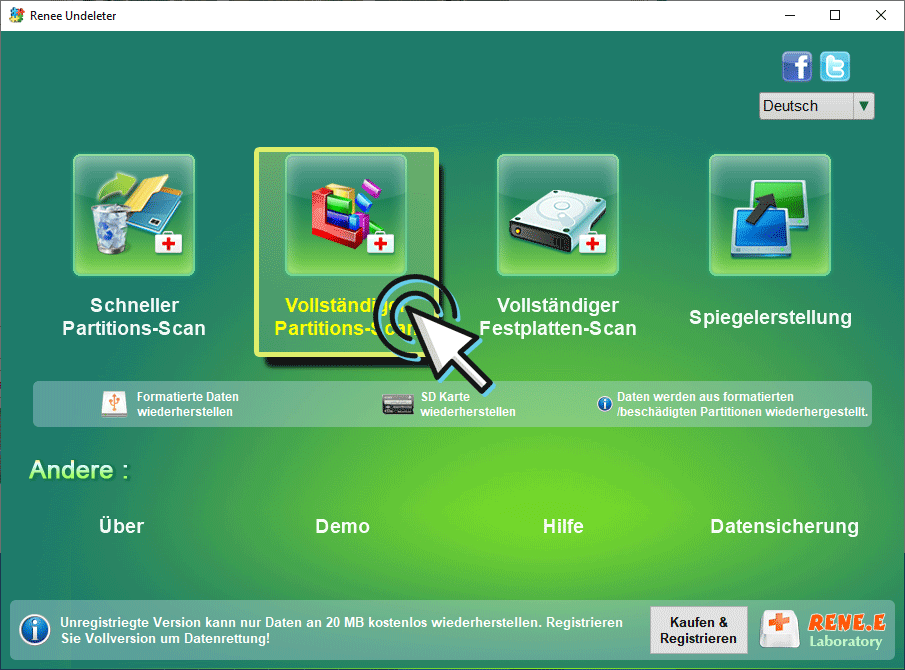 wählen sie die gesamte partition scannen in renee undeleter, um gelöschte video von sd-karte wiederherzustellen