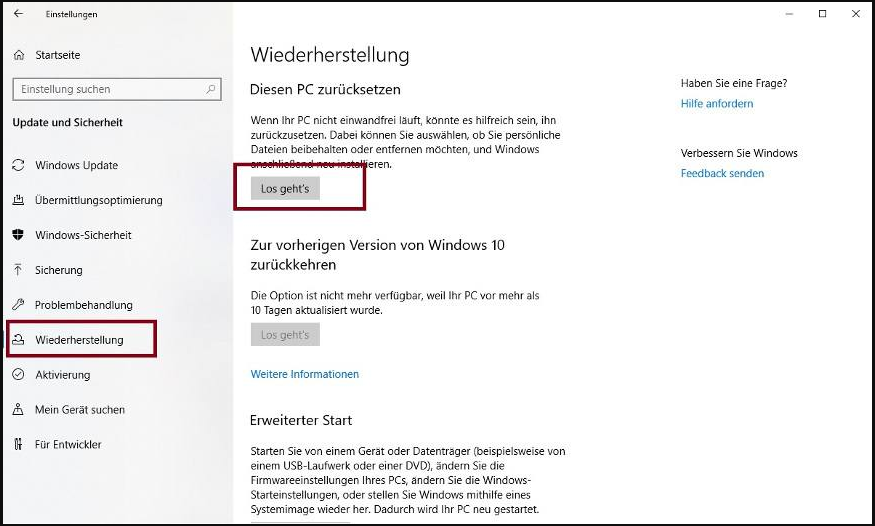 Zurücksetzen, um PC oder nec Laptop in Windows 10 zu formatieren