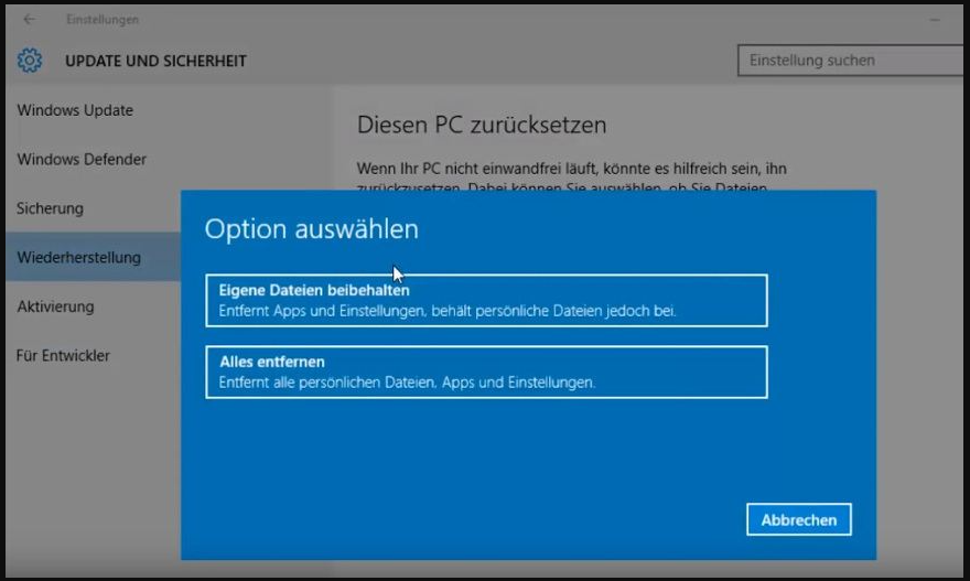 Alles in Windows 10 entfernen