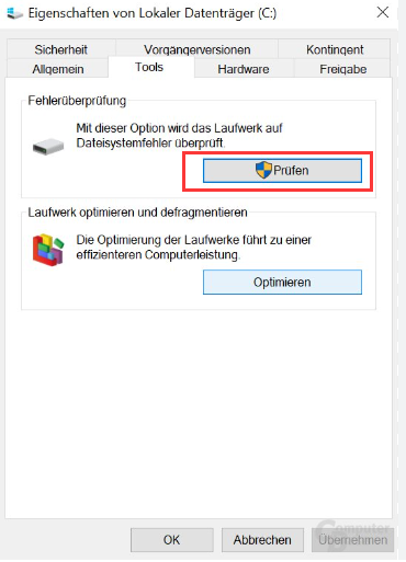 Überprüfung der Laufwerkseigenschaften C
