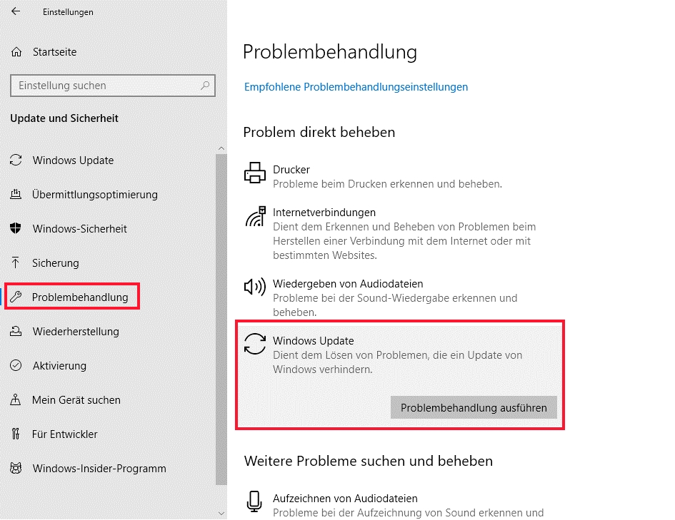 Windows Update in der Windows-Fehlerbehebung