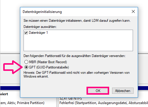 Wählen Sie gpt oder mbr als Partitionsart