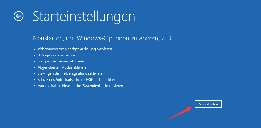 Klicken Sie in den Starteinstellungen auf "PC neu starten
