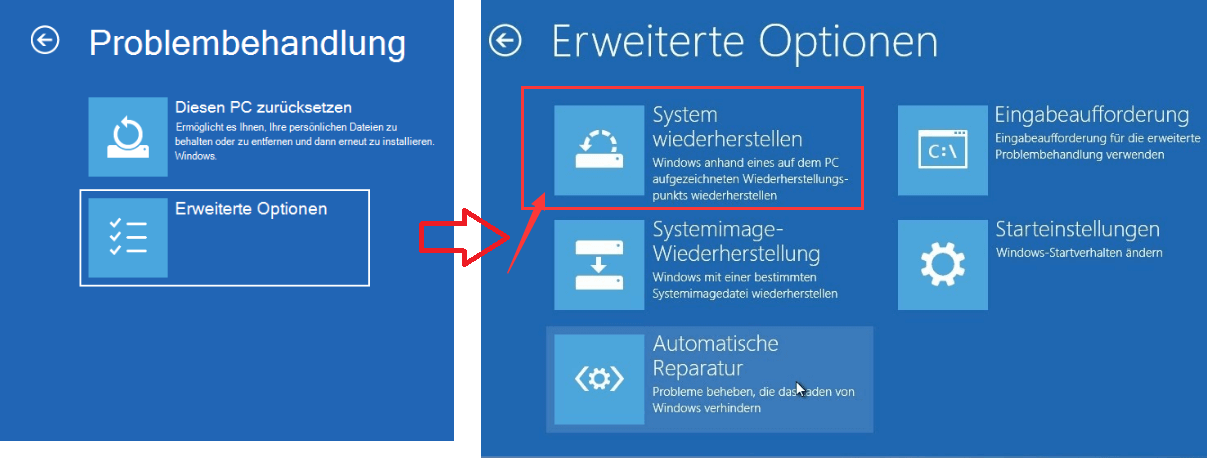 Wählen Sie die System umziehen im Windows-System, um den Windows 10-Fehler zu beheben