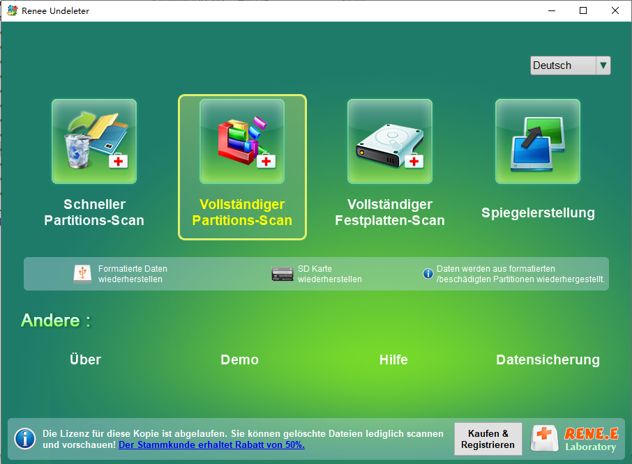 wählen sie die gesamte partition scannen in renee undeleter, um gelöschte video von sd-karte wiederherzustellen